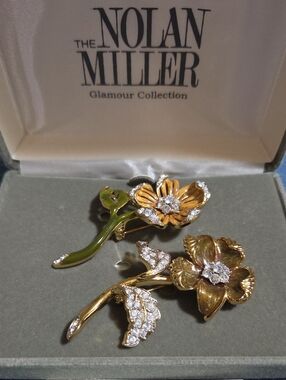 Nolan Miller Gold and Green Floral Brooch Set Of 2 Pins with Clear Crystals